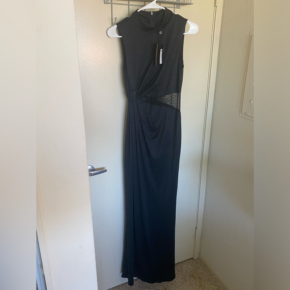 NWT ABS by Allen Schwartz Black Asymmetrical High Neck Evening Gown